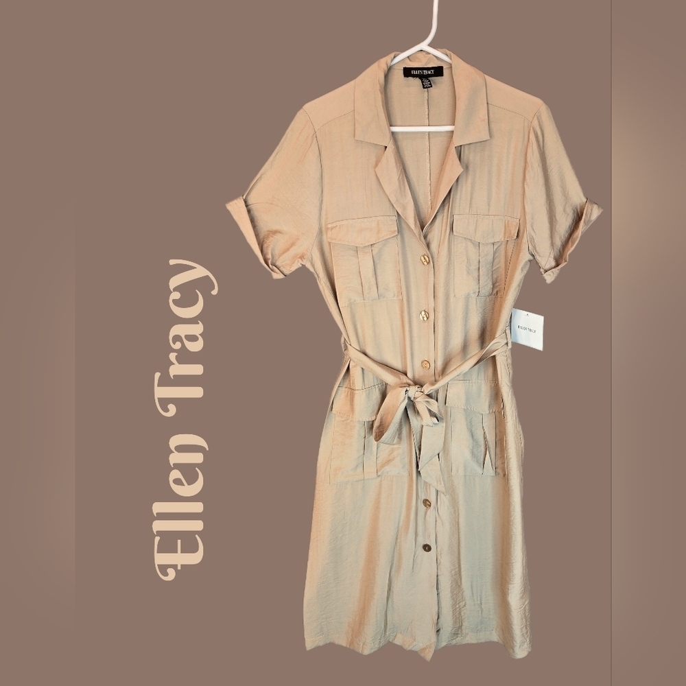 Ellen Tracy Midi Shirt Dress Sz M Tan Front Button Pockets Belted Casual Comfort